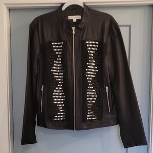 New York & Company Black Faux Leather Jacket with White and Net Accent Details